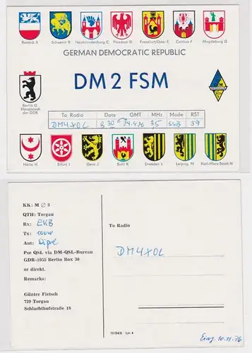 20737 QSL Karte Amateur Funker DDR Torgau mit Bezirkswappen 1976