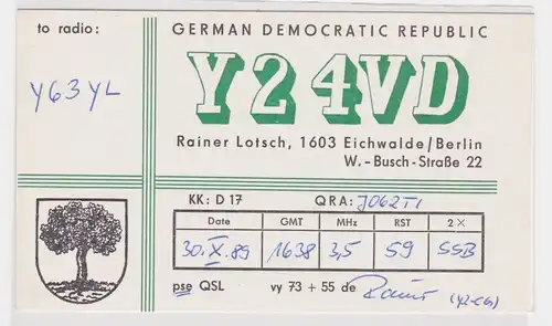 41529 QSL Karte Amateur Funker DDR Eichwalde bei Berlin 1989