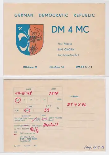 01105 QSL Karte Amateur Funker DDR Gnoien mit Stadtwappen 1978