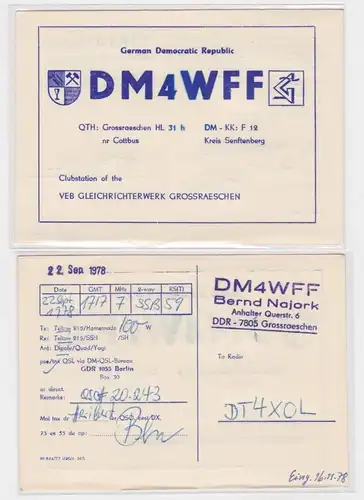 18681 QSL Karte Amateur Funker DDR VEB Gleichrichterwerk Großräschen 1978