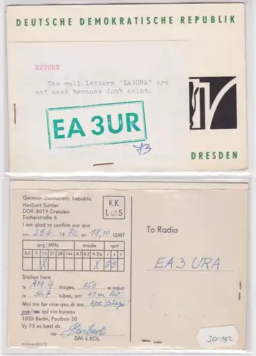 30192 QSL Karte Amateur Funker DDR RFT Messelektronik Dresden 1972 Rückläufer