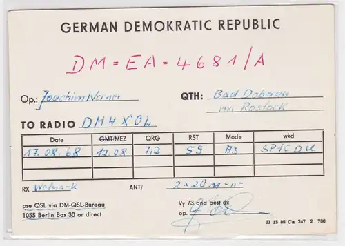21107 QSL Karte Amateur Funker DDR Bad Doberan bei Rostock 1968