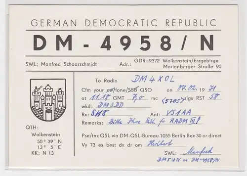 42285 QSL Karte Funker DDR Wolkenstein Erzgebirge 1971