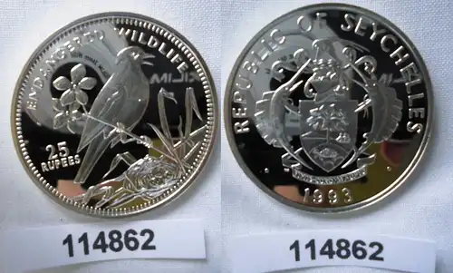25 Rupees Silber Münze Seychellen 1993 bedrohte Tierwelt Dajaldrossel (114862)