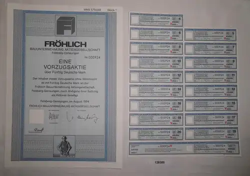 50 Mark Aktie Fröhlich Bauunternehmung AG Felsberg-Gensungen Aug. 1994 (128385)