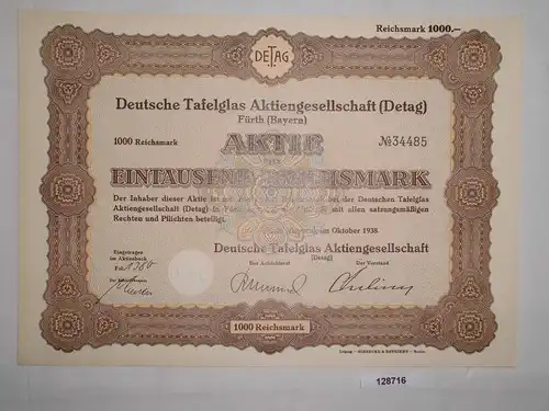 1000 Reichsmark Aktie Deutsche Tafelglas AG (Detag) Fürth Oktober 1938 (128716)