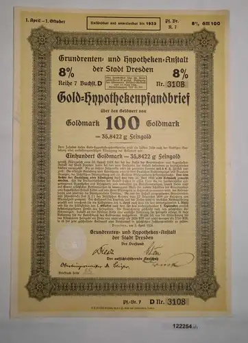 100 Goldmark Pfandbrief Grundrenten & Hypotheken-Anstalt Dresden 1928 (122254)