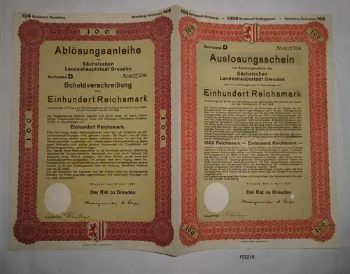 100 Reichsmark Auslosungsschein Sächsische Landeshauptstadt Dresden 1929 /122218
