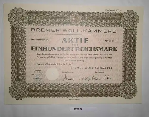 100 RM Aktie Bremer Woll-Kämmerei Bremen-Blumenthal Juni 1942 (128927)