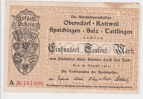 100000 Mark Inflation Banknote Stadtgemeinde Oberndorf usw. 28.8.1923 (129487)
