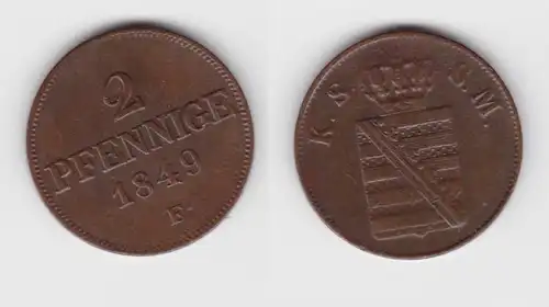 2 Pfennige Kupfer Münze Sachsen 1849 F ss (151150)