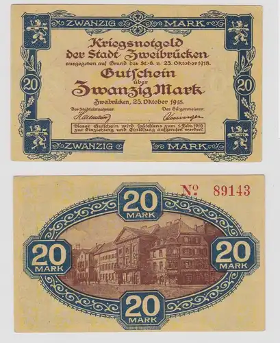 20 Mark Banknote Kriegsnotgeld Stadt Zweibrücken 1918 (137395)