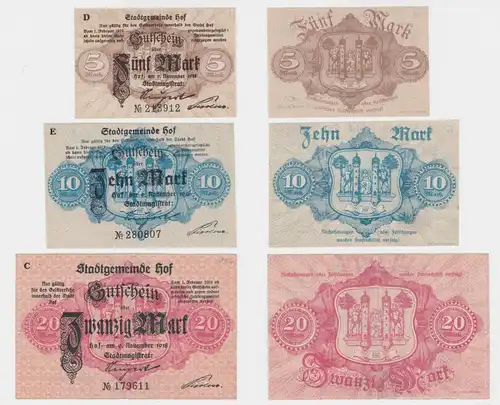 5,10 & 20 Mark Banknoten Notgeld Stadtgemeinde Hof 09.11.1918 (131024)