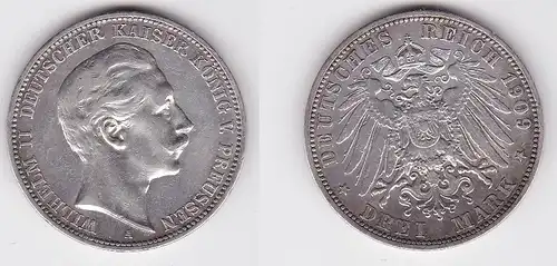 3 Mark Silbermünze Preussen Kaiser Wilhelm II 1909 Jäger 103  (122810)