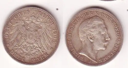 3 Mark Silbermünze Preussen Kaiser Wilhelm II 1908 Jäger 103  (109538)