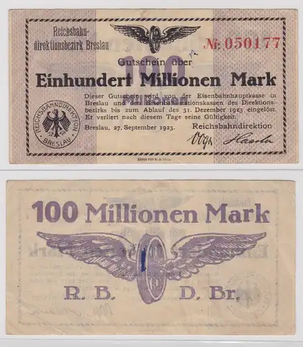 100 Millionen Mark Banknote Reichsbahndirektion Breslau 27.09.1923 (137643)