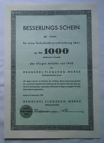 1000 Reichsmark Aktie Henschel Flugzeug-Werke Besserungs-Schein 1959 (120953)