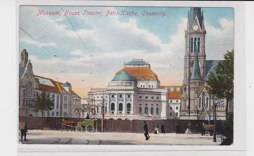 906177 AK Chemnitz - Museum, Neues Theater, Petri-Kirche, Straßenansicht 1914