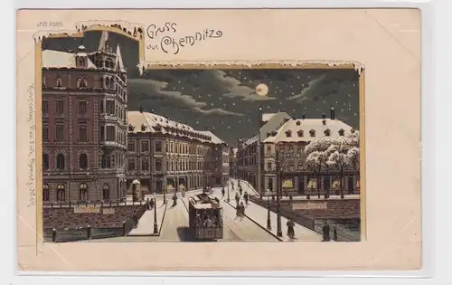 906311 AK Gruss aus Chemnitz - Straßenansicht mit straßenbahn im Winter um 1900