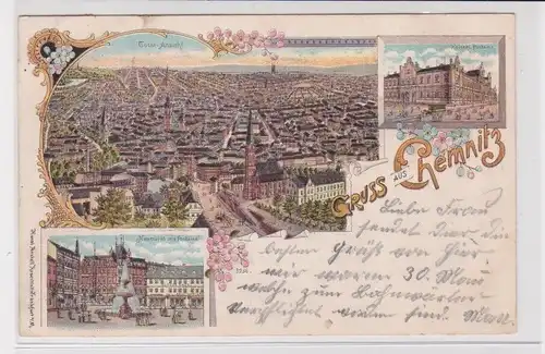 905846 Ak Gruss aus Chemnitz - Mehrbild, Neumarkt, Totalansicht, Postamt 1898