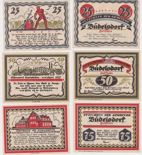 25, 50 & 75 Pfennig Banknoten Notgeld Gemeinde Büdelsdorf 1921 (152547)