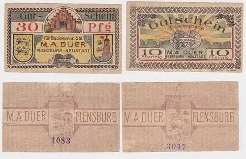 10 & 30 Pfennig Banknoten Notgeld Flensburg Firma M.A.Duer 1920 (152547)