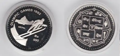 500 Rupien Silber Münze Nepal Olympia 1992 Albertville Skispringer (154951)
