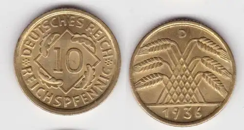 10 Reichspfennig Messing Münze Deutsches Reich 1936 D Jäger 317 Stgl.(140275)