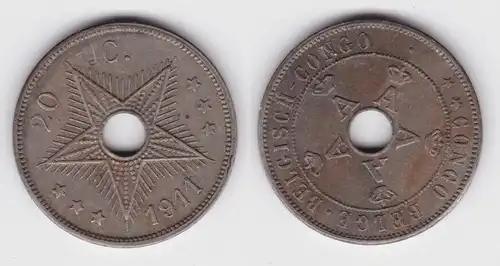20 Centimes Kupfer/Nickel Münze Belgisch Kongo Congo 1911 f.vz (143047)