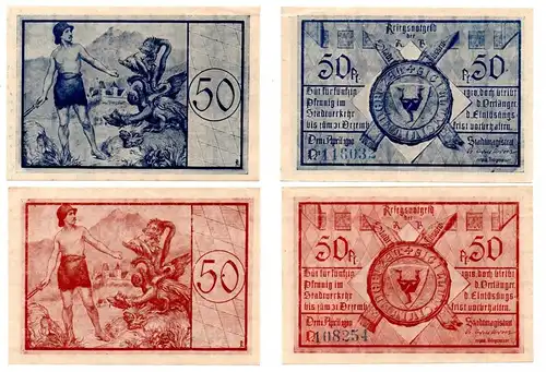 2 x 50 Pfennig Banknoten Notgeld Stadt Füssen 1.April 1918 (148050)