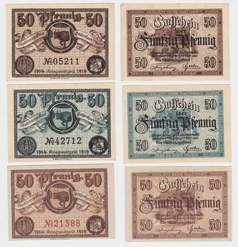 3 x 50 Pfennig Banknoten Notgeld Stadt Ochsenfurt am Main 1919 (140279)