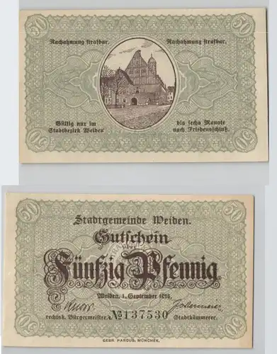 50 Pfennig Banknote Notgeldschein Weiden 1. September 1918 kassenfrisch (129196)