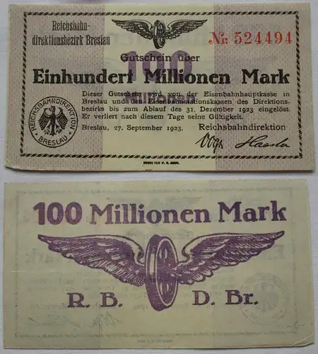 100 Millionen Mark Banknote Reichsbahndirektion Breslau 27.09.1923 (116311)