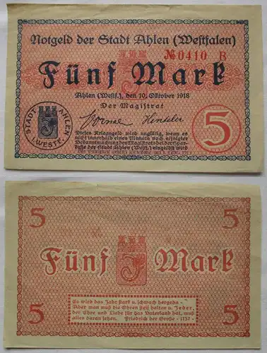 5 Mark Banknoten Notgeld Stadt Ahlen (Westfalen) 10.Oktober 1918 (112274)