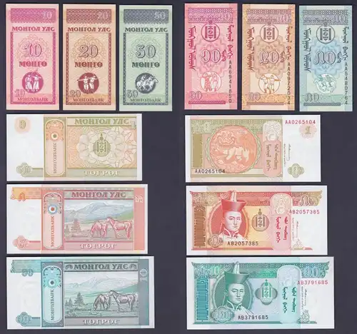 10 - 50 Mongo & 1 - 10 Tugrik Banknote Mongolei 1993 kassenfrisch (157468)