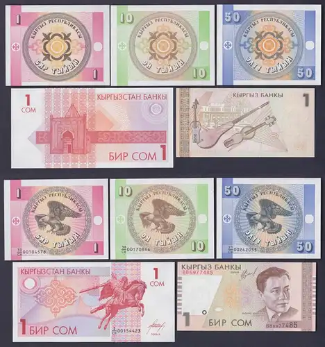 5 Banknote 1-50 Tyiyn und 2x 1 Som  Kirgisistan Kirgisien 1993-1994 UNC (152771)