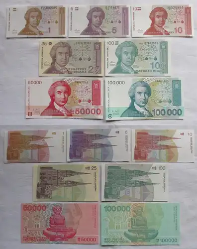 7 Banknoten Kroatien 1 bis 100000 Dinar 1991-1993 (162723)