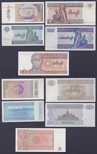 50 Pyas bis 10 Kyats Banknoten Myanmar 1990-1996 UNC (162790)