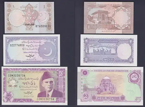1, 2 und 5 Rupees Banknoten Pakistan kassenfrisch (153976)