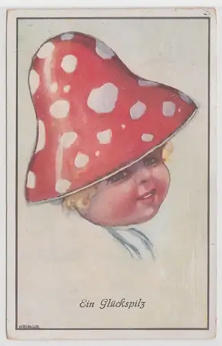 68281 Kitsch Ak "Ein Glückspilz" Kind mit Fliegenpilz Hut 1932