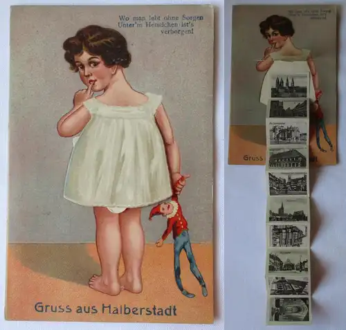 903369 Leporello Ak Gruss aus Halberstadt Kind mit Puppe 1930