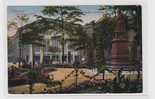 906302 AK Chemnitz - Warenhaus Tietz, Becker-Denkmal, Parkpartie 1918