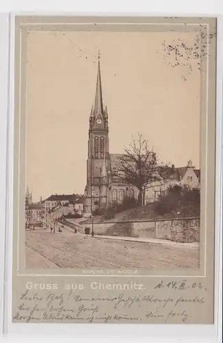 906052 AK Gruss aus Chemnitz - Kirche St. Nicolai, Straßenansicht 1902