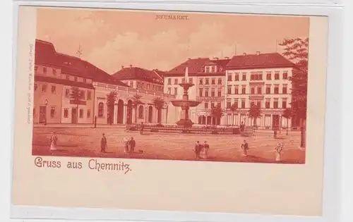 905692 AK Gruss aus Chemnitz - Neumarkt, Straßenansicht mit Brunnen um 1900