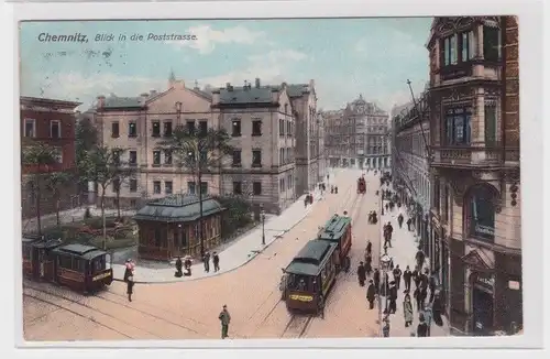 906048 AK Chemnitz - Blick in die Poststrasse, Totalansicht mit Straßenbahn 1907