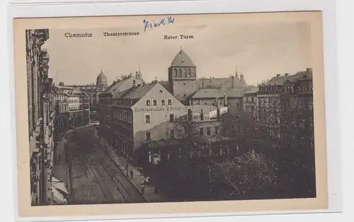 906418 AK Chemnitz - Theaterstraße, Roter Turm, Straßenansicht mit Schienen