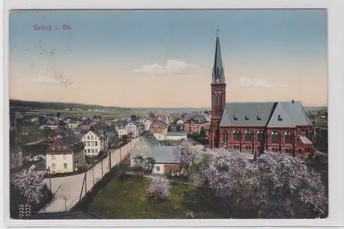 905497 AK Grüna - Totalansicht mit Blick auf Kirche 1916