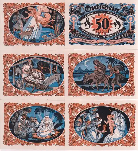 6x 50 Pfennig Banknoten Notgeld Stadt Kahla Weihnachtsserie 1921 (162861)