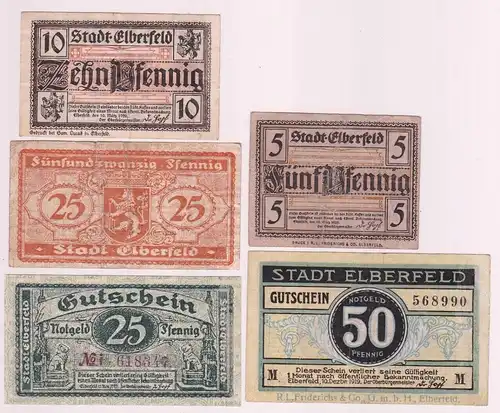 5, 10, 2x 25, 50 Pfennige Banknoten Notgeld Stadt Elberfeld 1920 (162814)