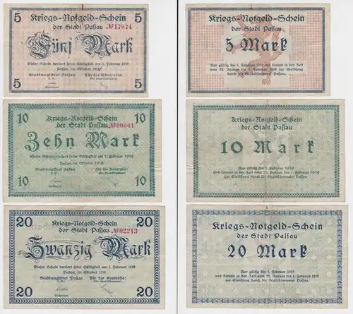 5,10 und 20 Mark Banknoten Kriegsgeld Stadt Passau Oktober 1918 (130239)